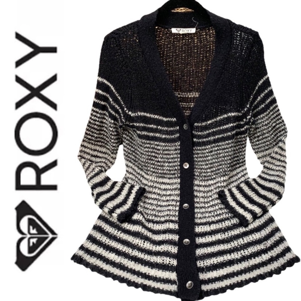 "Roxy" black and white striped button front lightweight knit cardigan- M